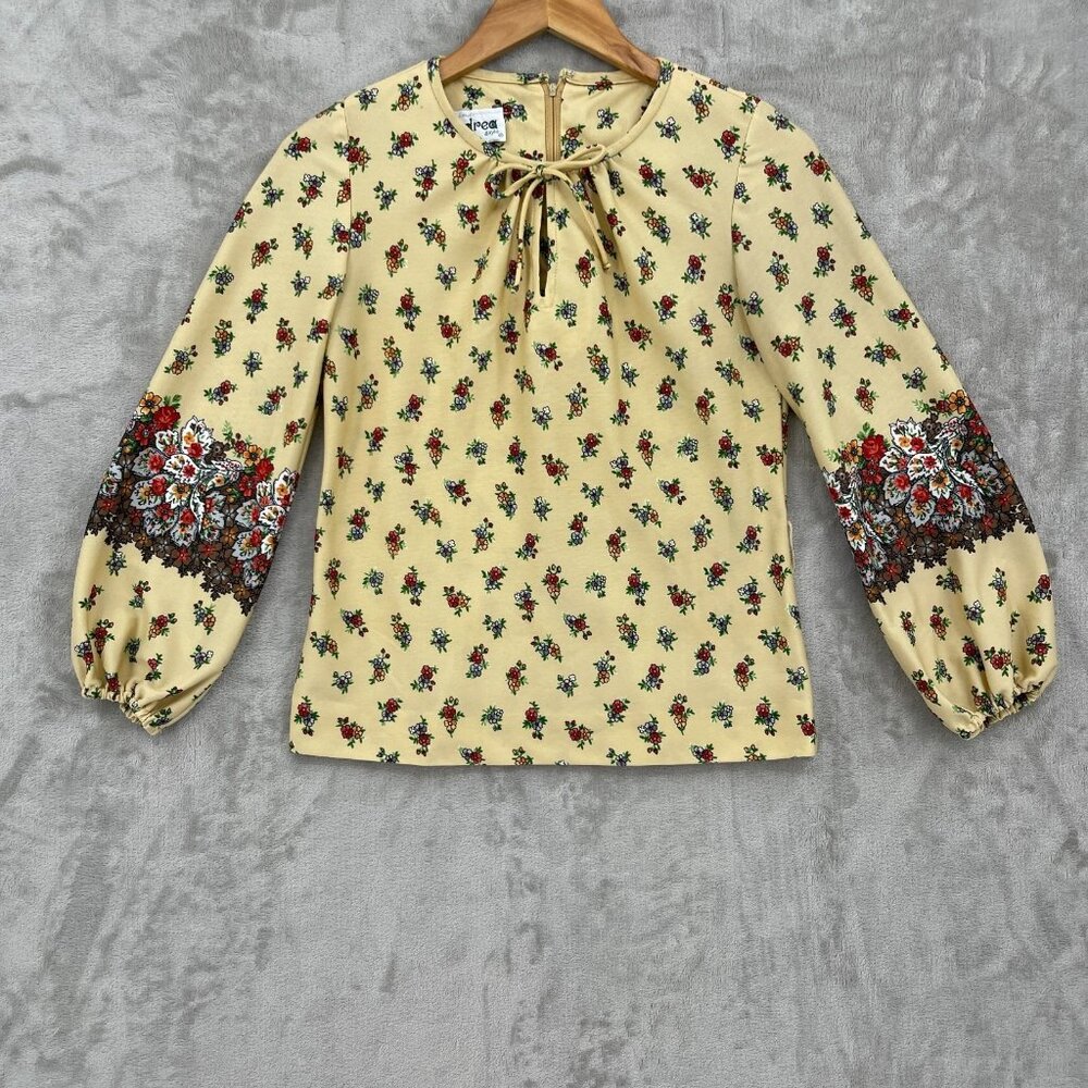 Vintage 70s Andrea Gayle Floral Balloon Sleeve Keyhole Top USA Made - Picture 1 of 14